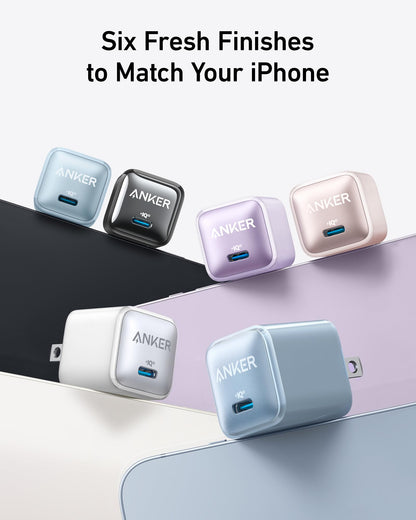 Anker Nano 20W charger, compact black charging device for fast power delivery, shown on a neutral surface.