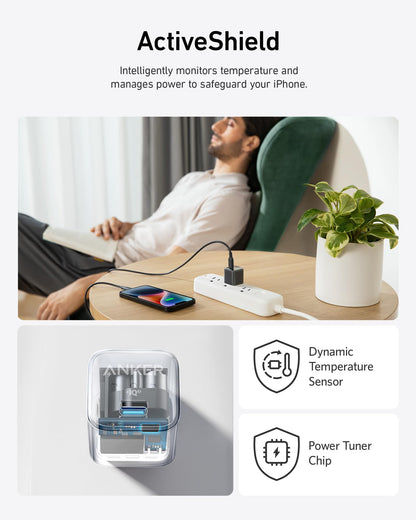 Anker Nano 20W charger in black, compact charging device with USB-C port for fast charging smartphones and devices.