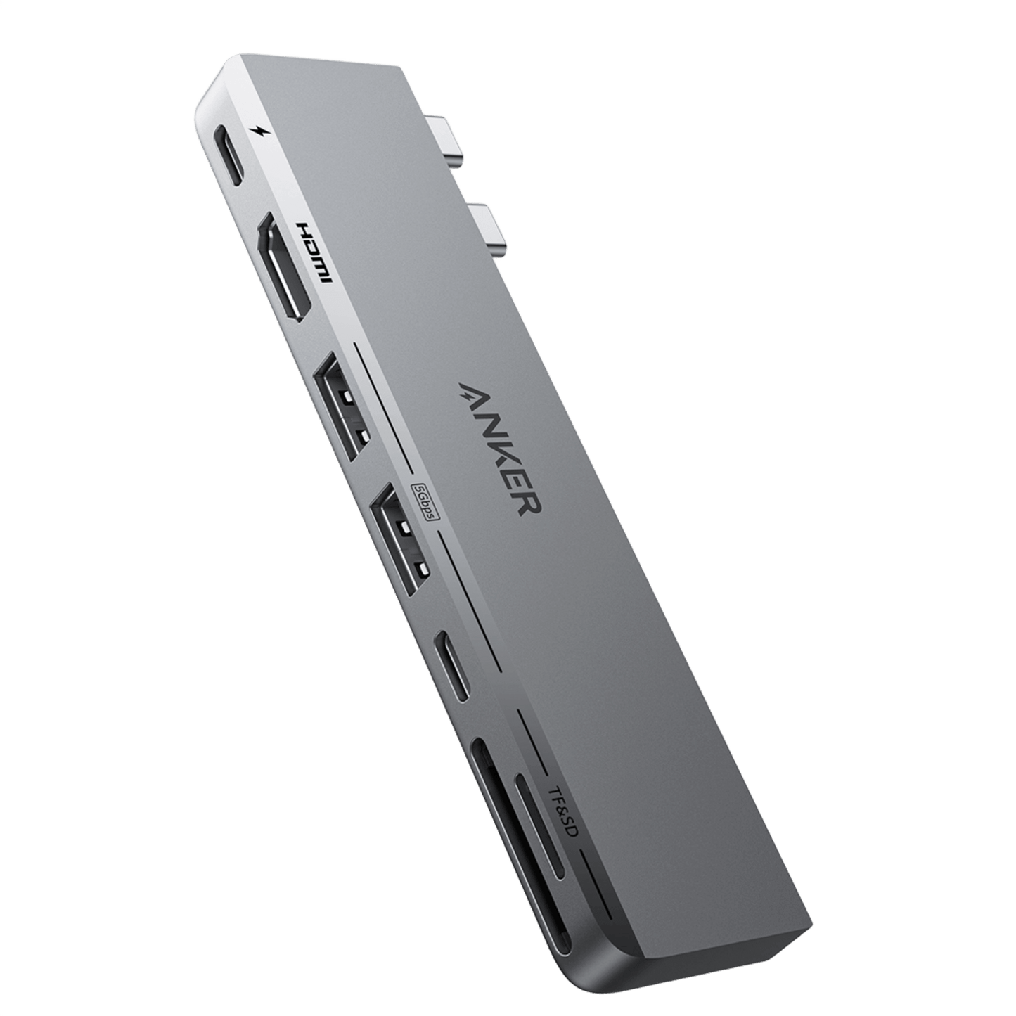 Anker 547 USB-C Hub for MacBook showing multiple ports for charging, data transfer, and connectivity on sleek black device.