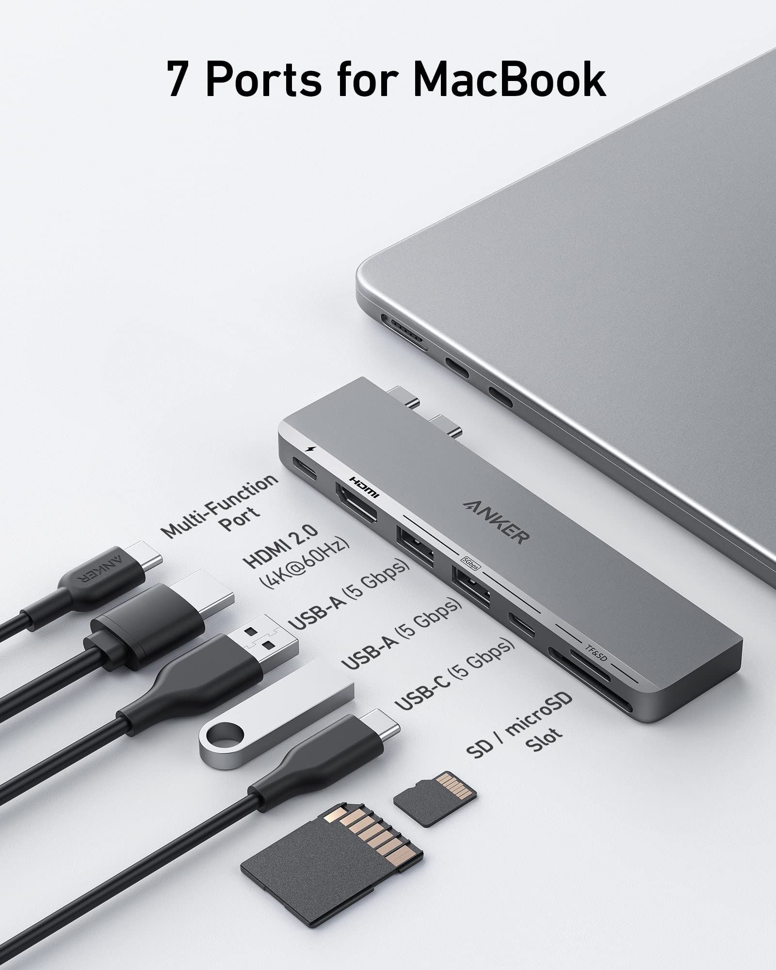 Anker 547 USB-C Hub for MacBook, showing multiple ports for charging and connectivity on a sleek black hub device.