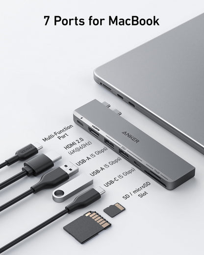Anker 547 USB-C Hub for MacBook, showing multiple ports for charging and connectivity on a sleek black hub device.