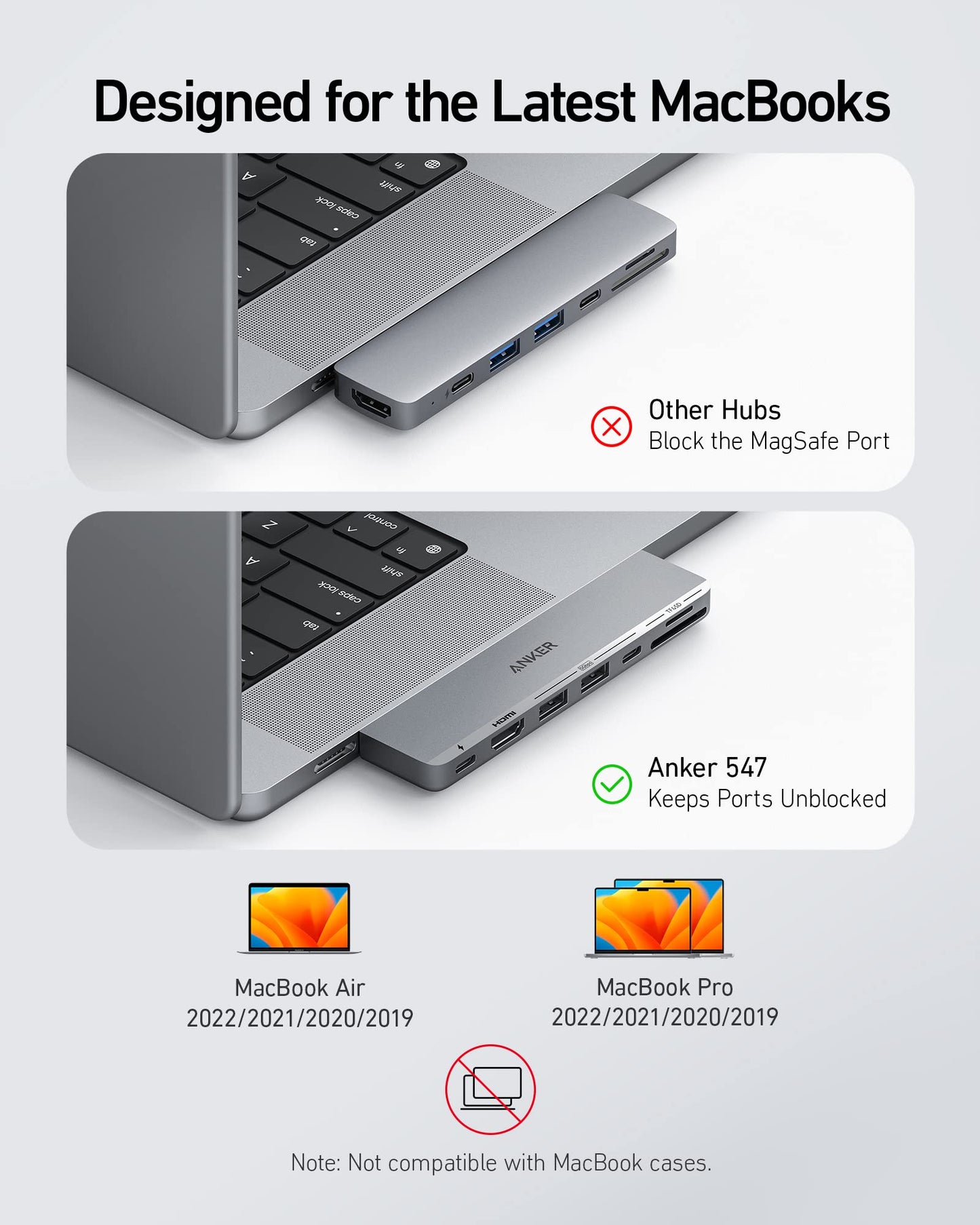 Anker 547 USB-C Hub for MacBook with multiple ports for charging only, featuring sleek black design and compact build.
