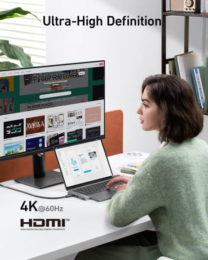 Anker 547 USB-C Hub for MacBook showing multiple ports including USB-C and USB-A for charging and connectivity.