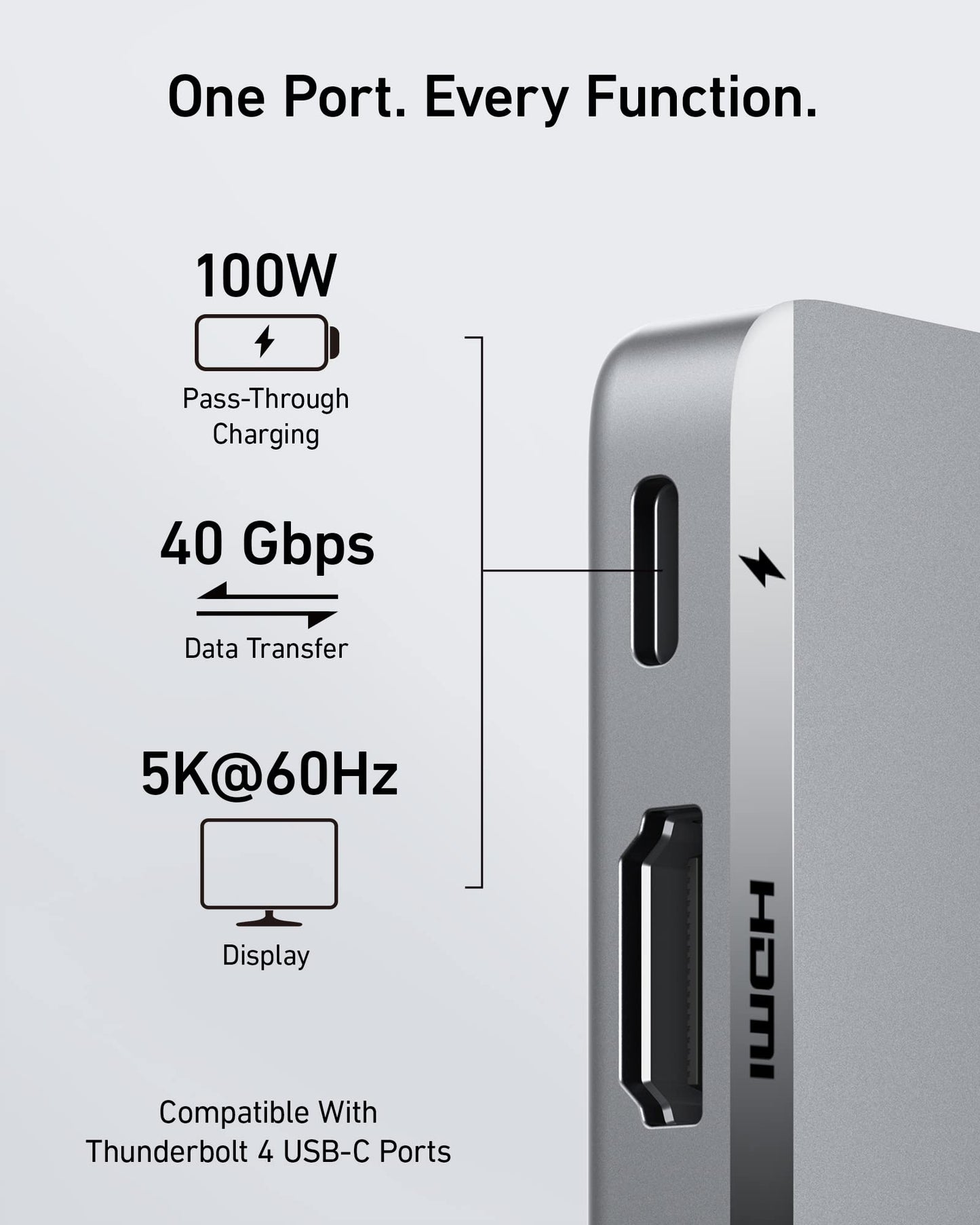 Anker 547 USB-C Hub for MacBook, charging-only 7-in-2 hub with multiple ports, shown connected to a sleek MacBook laptop.