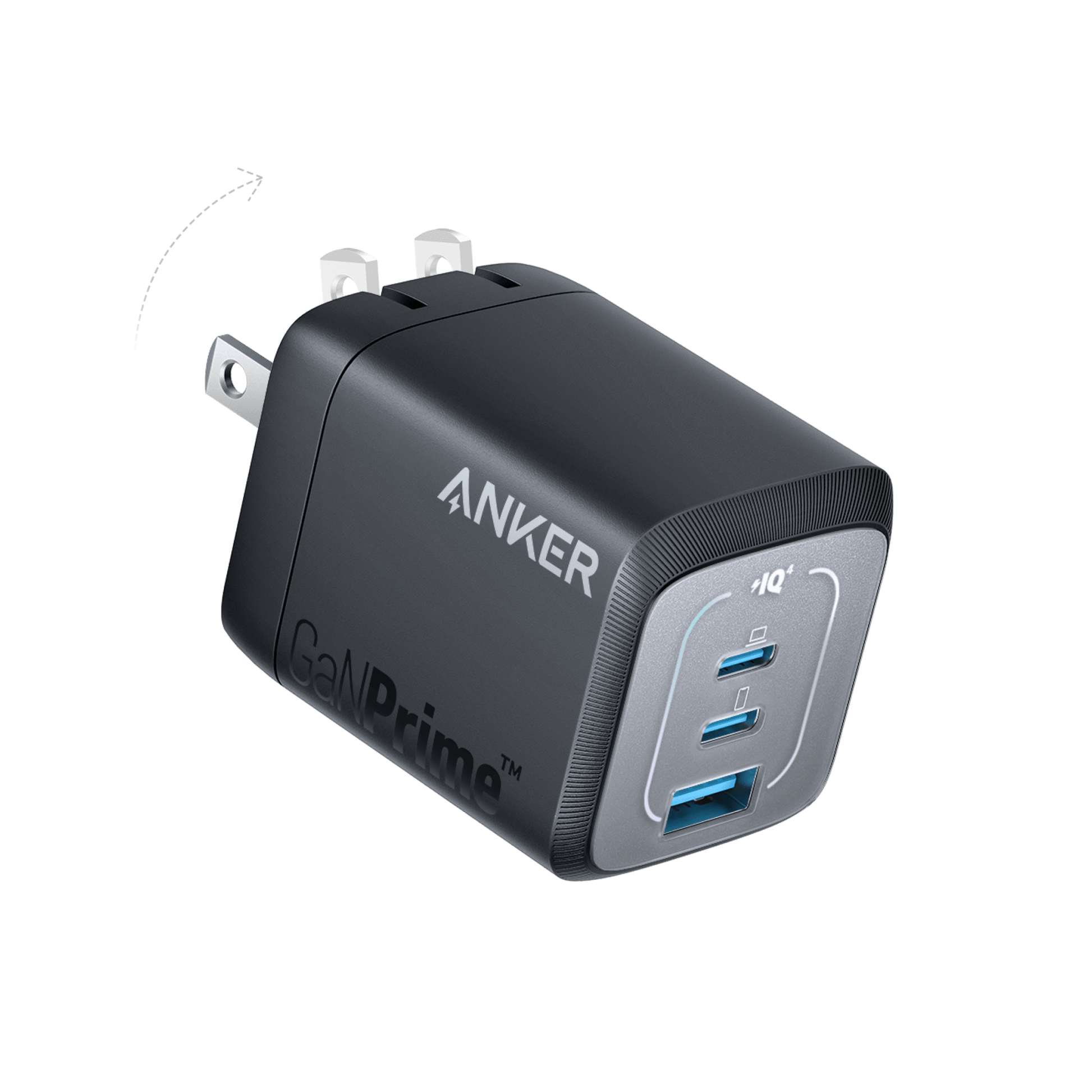 Anker Prime 67W GaN wall charger with three USB-C ports for fast device charging, compact and efficient design.