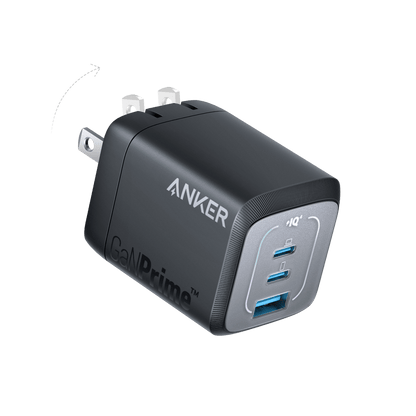 Anker Prime 67W GaN wall charger with three USB-C ports for fast device charging, compact and efficient design.