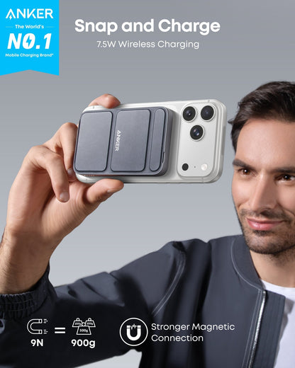 Anker 622 MagGo Magnetic Battery in Dolomite White, compact charging power bank with magnetic attachment for smartphones.