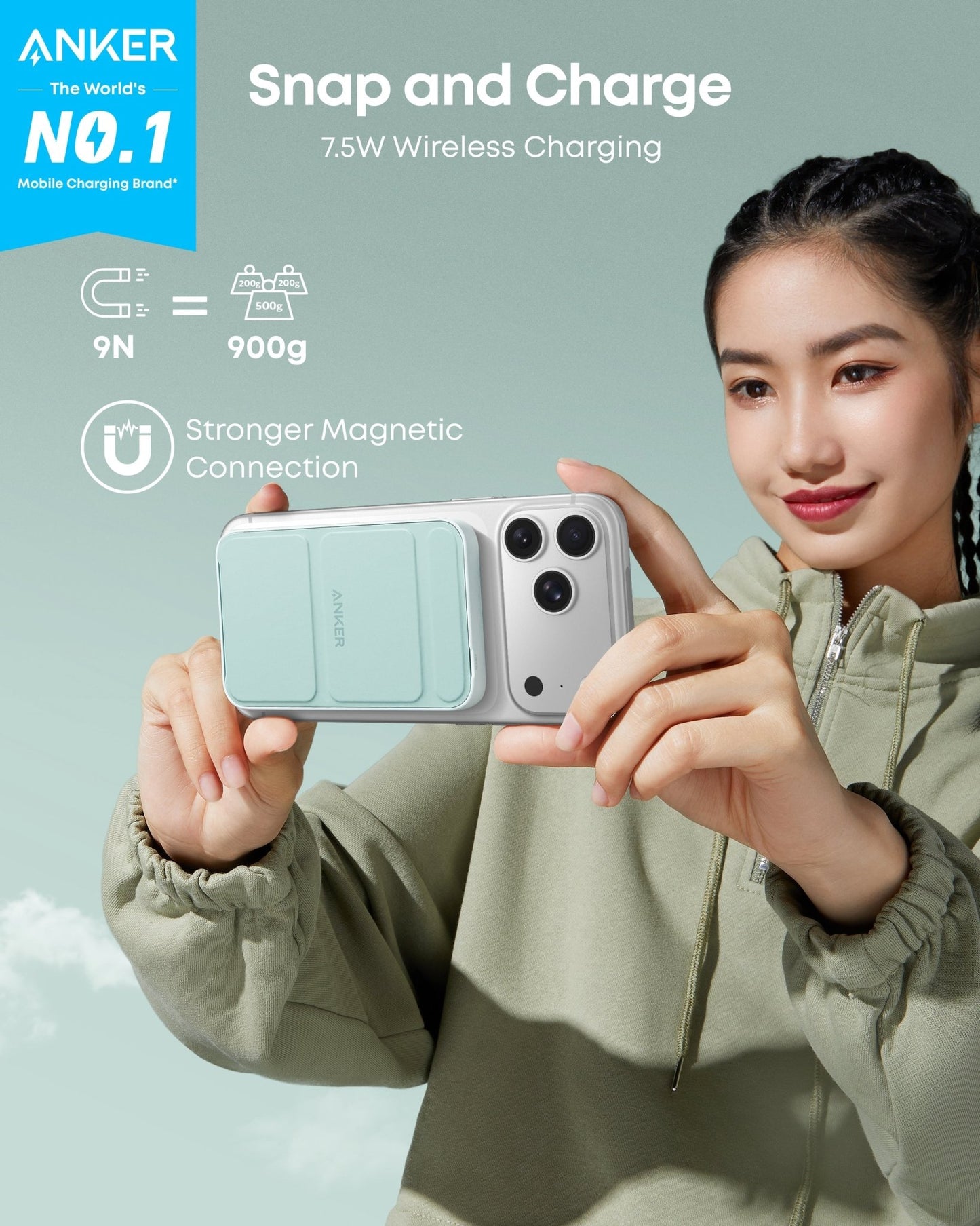 Anker 622 MagGo Magnetic Battery for charging, in Dolomite White, showcasing its sleek design and magnetic attachment feature.