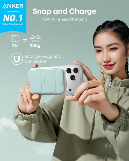 Anker 622 MagGo Magnetic Battery for charging, in Dolomite White, showcasing its sleek design and magnetic attachment feature.