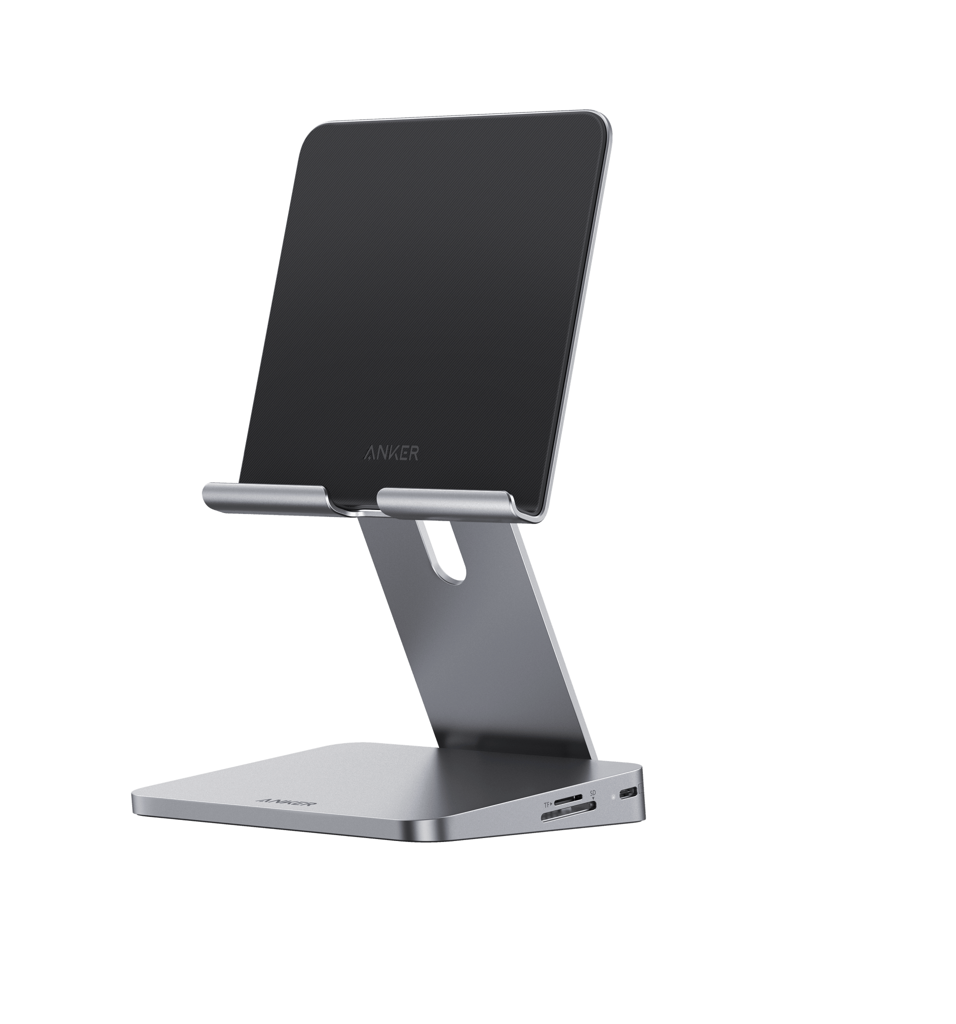 Anker 551 USB-C Hub in gray with 8-in-1 ports, designed for charging and tablet stand functionality.