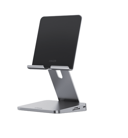 Anker 551 USB-C Hub in gray with 8-in-1 ports, designed for charging and tablet stand functionality.