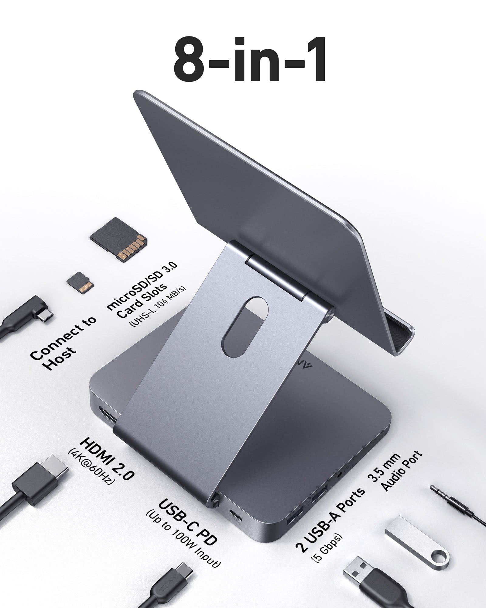 Anker 551 USB-C Hub in gray with multiple ports and integrated tablet stand, designed for charging and connectivity.