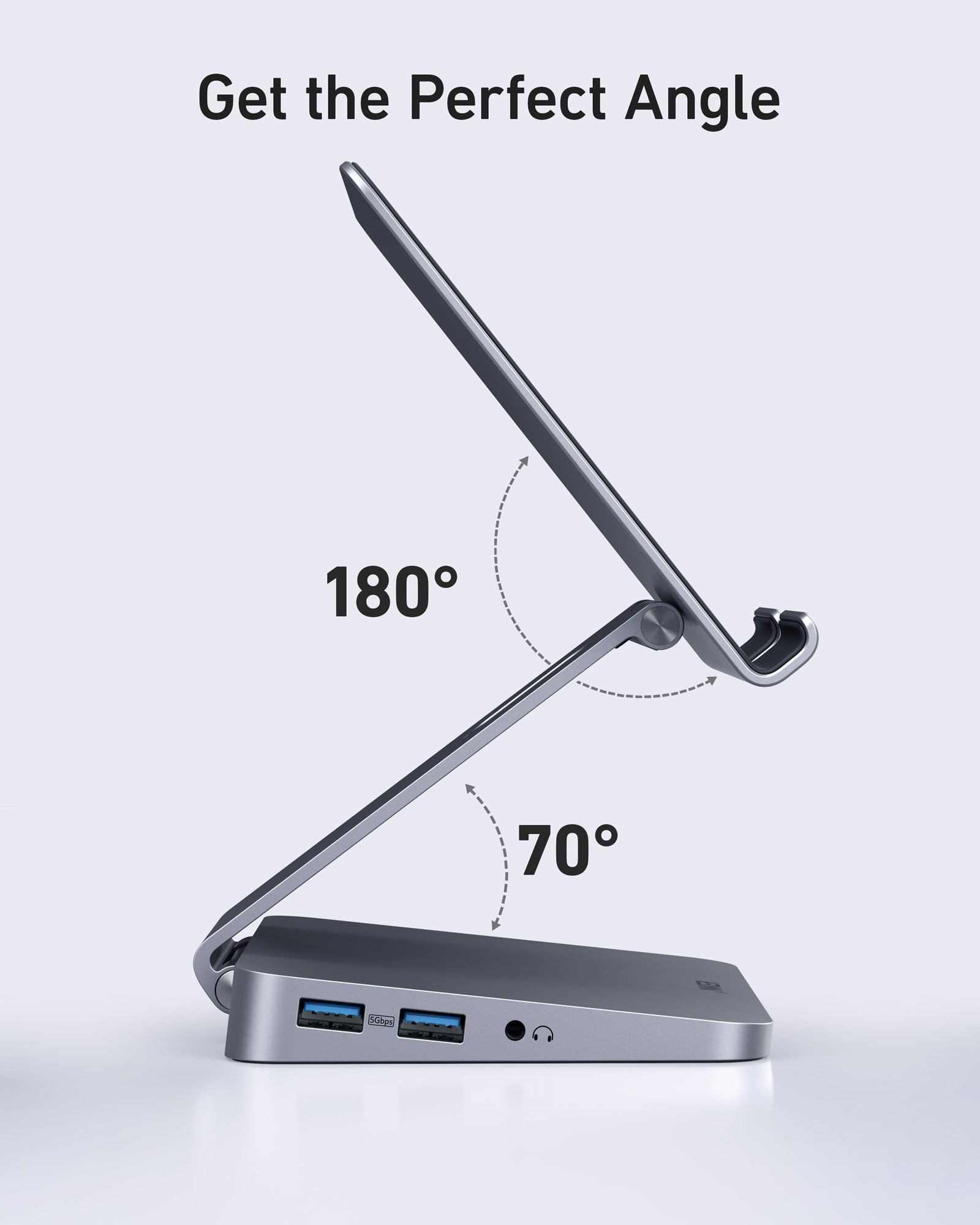 Anker 551 USB-C Hub in gray with multiple ports and tablet stand, designed for charging and expanding connectivity.