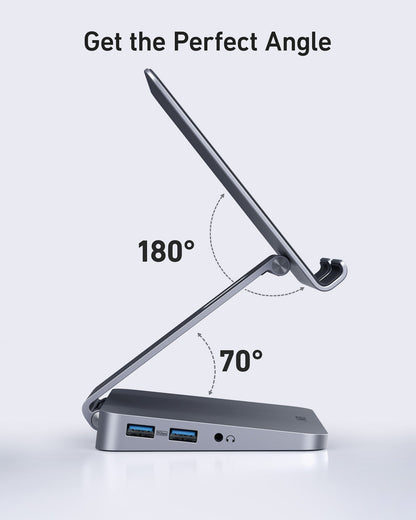 Anker 551 USB-C Hub in gray with multiple ports and tablet stand, designed for charging and expanding connectivity.