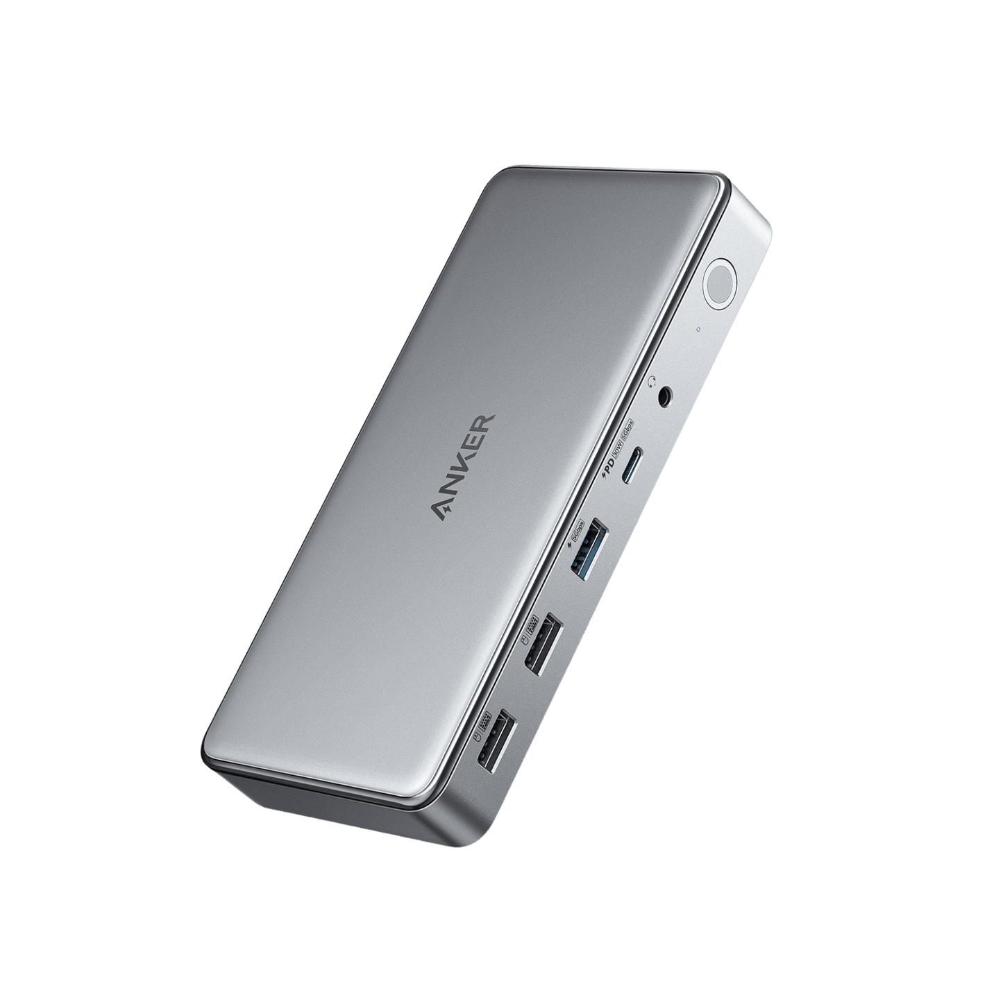 Anker 563 USB-C Docking Station in grey, designed for charging with multiple ports, offering versatile connectivity for laptops.