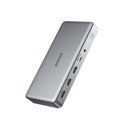 Anker 563 USB-C Docking Station in grey, designed for charging with multiple ports, offering versatile connectivity for laptops.