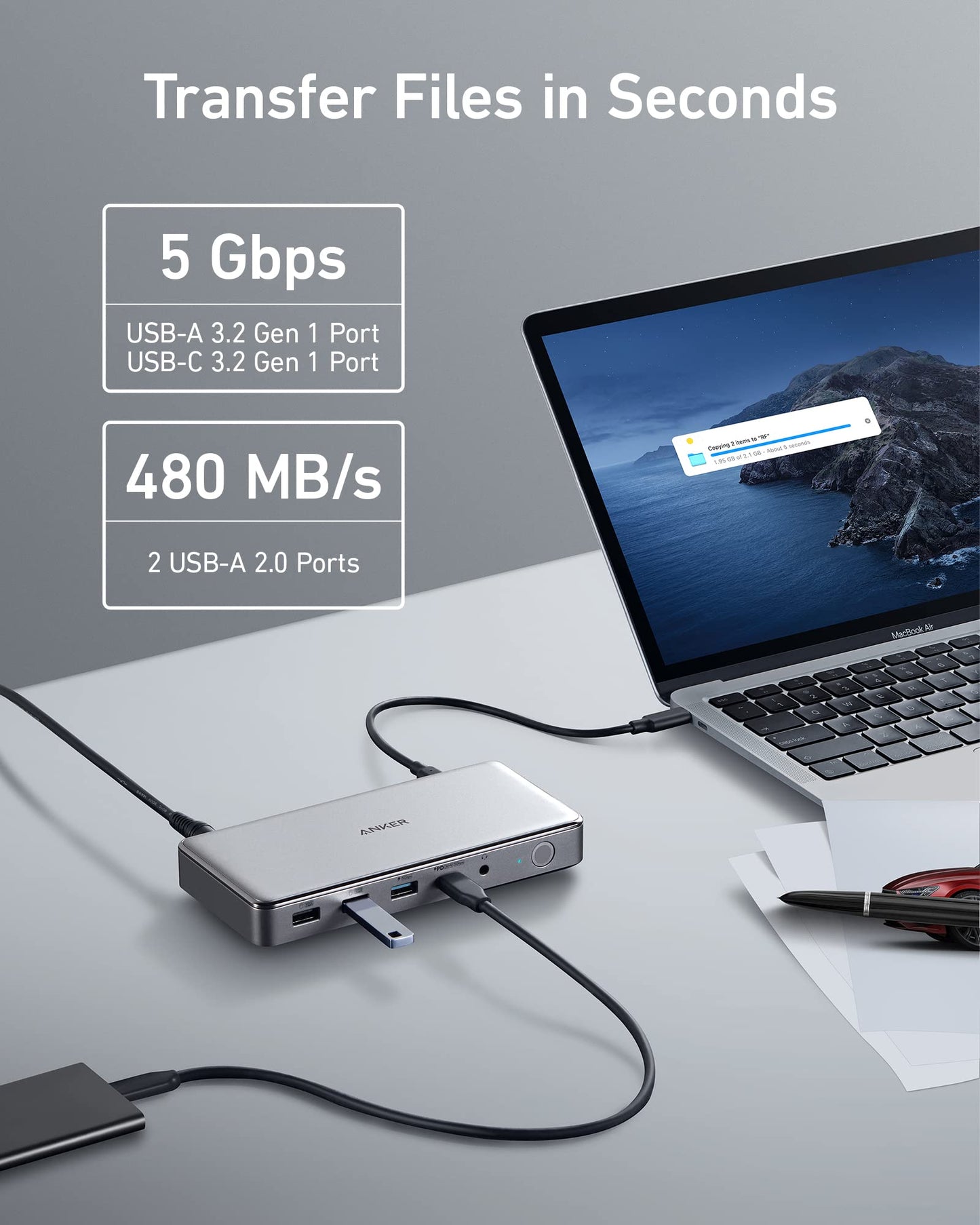 Anker 563 USB-C Docking Station in grey, designed for charging with multiple ports, including USB-C and USB-A.