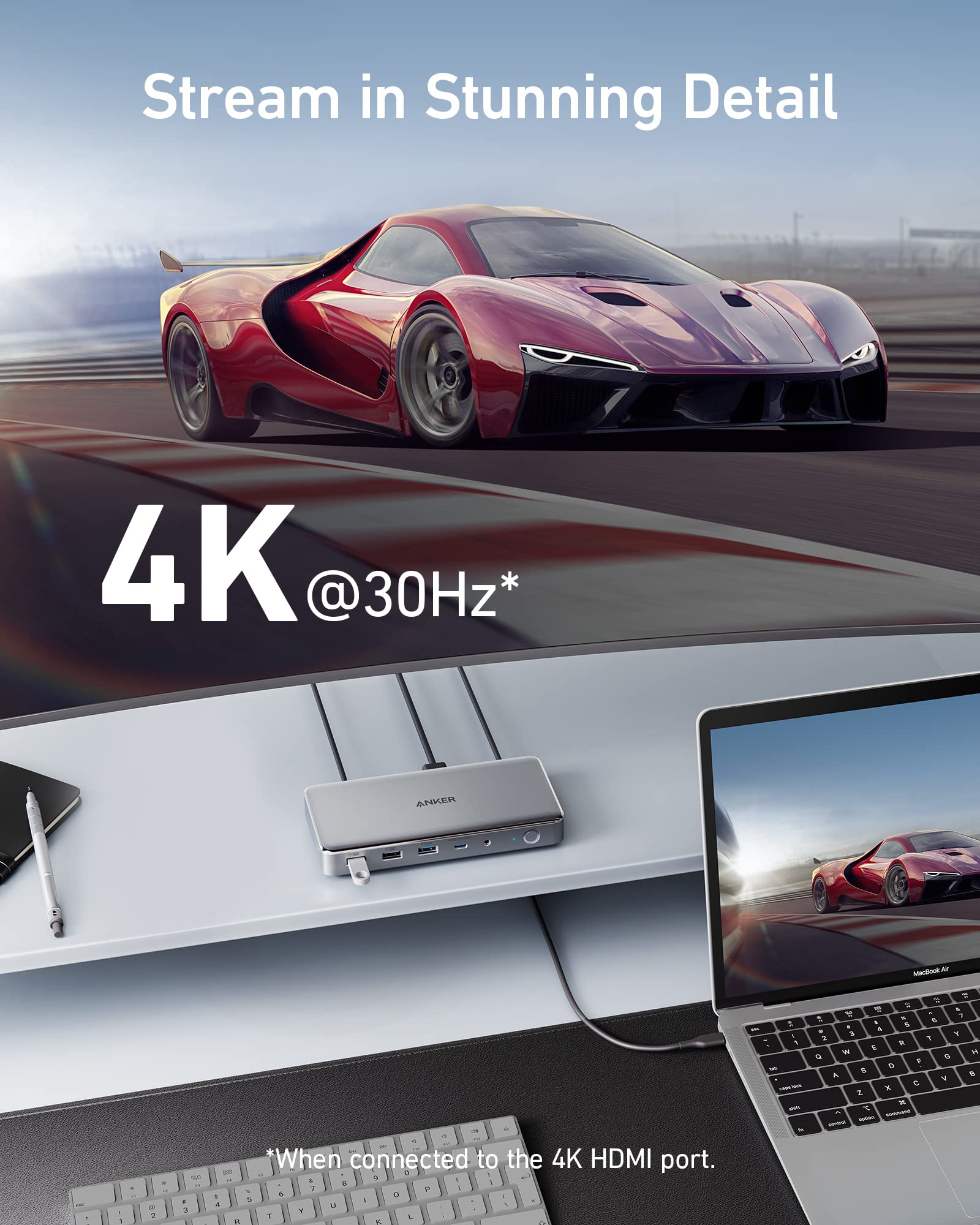 Anker 563 USB-C Docking Station in grey, showcasing multiple charging ports for versatile device connectivity.