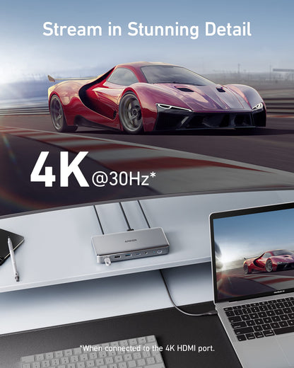 Anker 563 USB-C Docking Station in grey, showcasing multiple charging ports for versatile device connectivity.