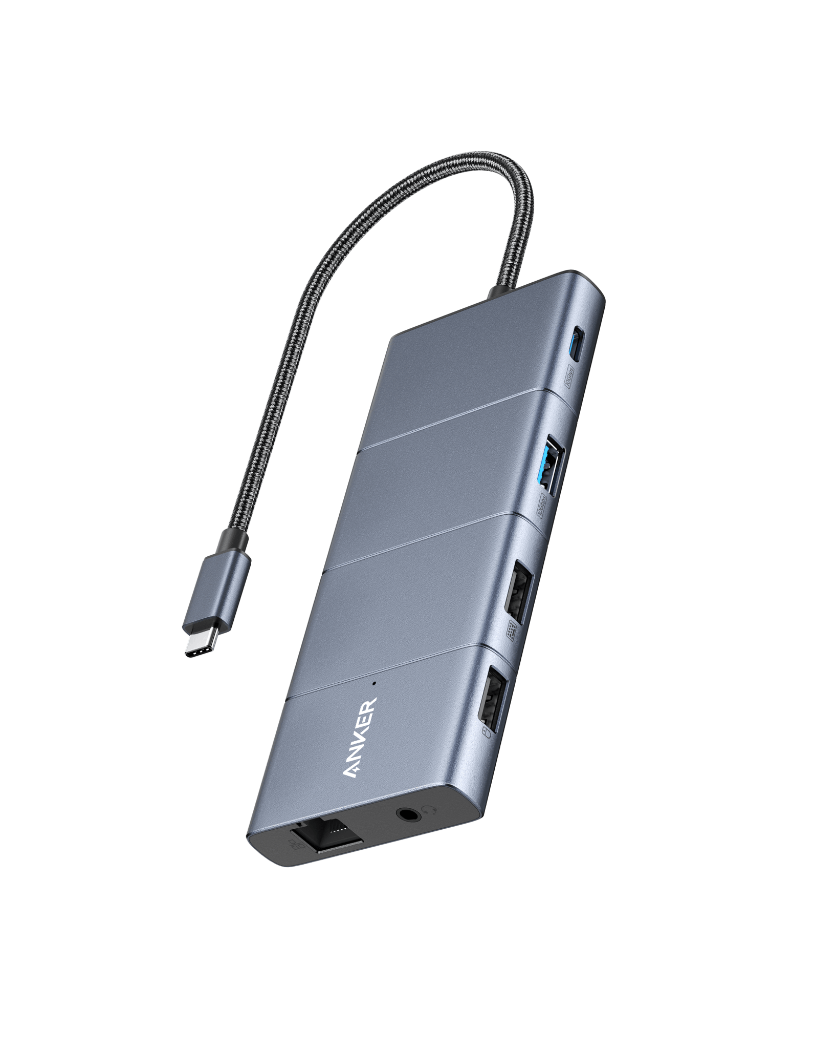 Anker 565 USB-C Hub charging only in grey with multiple ports, including USB-C, HDMI, and USB-A, for versatile device connectivity.