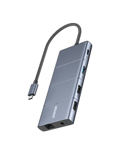 Anker 565 USB-C Hub charging only in grey with multiple ports, including USB-C, HDMI, and USB-A, for versatile device connectivity.