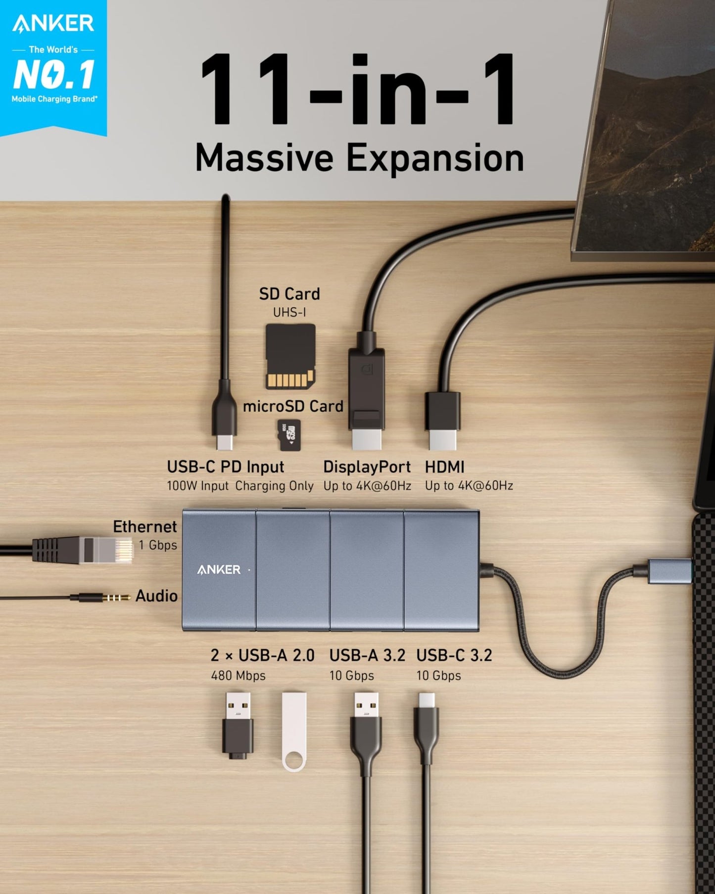Grey Anker 565 USB-C Hub (11-in-1) for charging only, featuring multiple ports for versatile device connectivity.