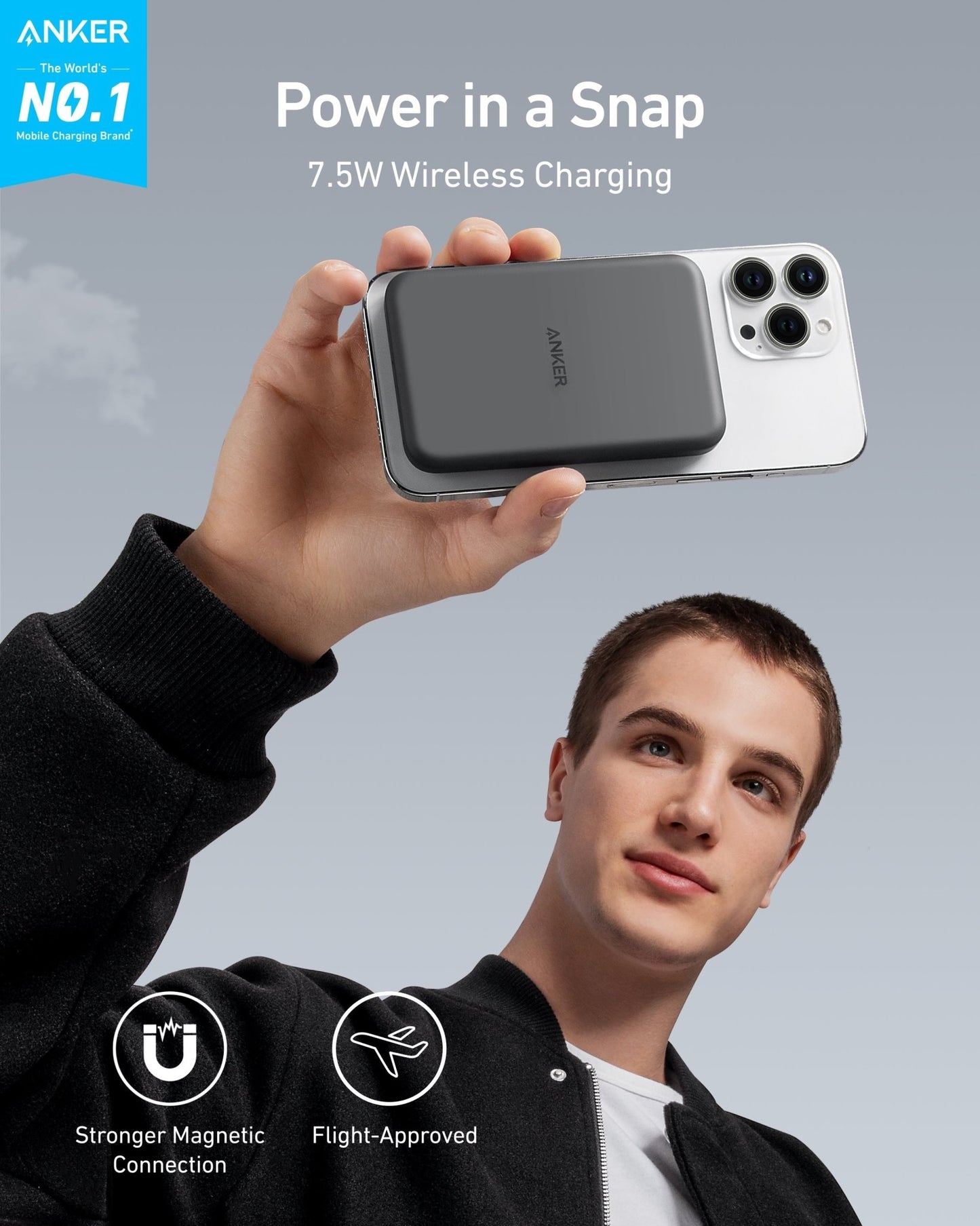 Anker 621 MagGo Magnetic Battery charger in Interstellar Gray, compact and portable for on-the-go device charging.
