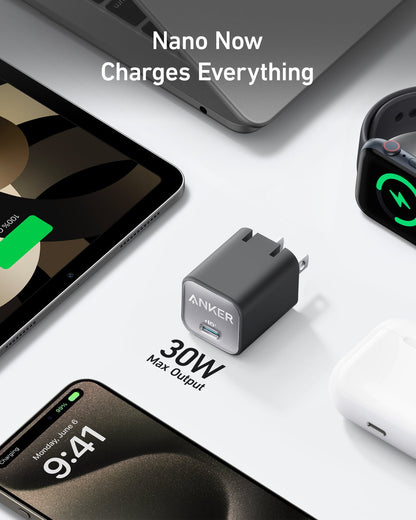 Anker Nano 30W charger in black, compact and lightweight, designed for fast charging smartphones and compatible devices.