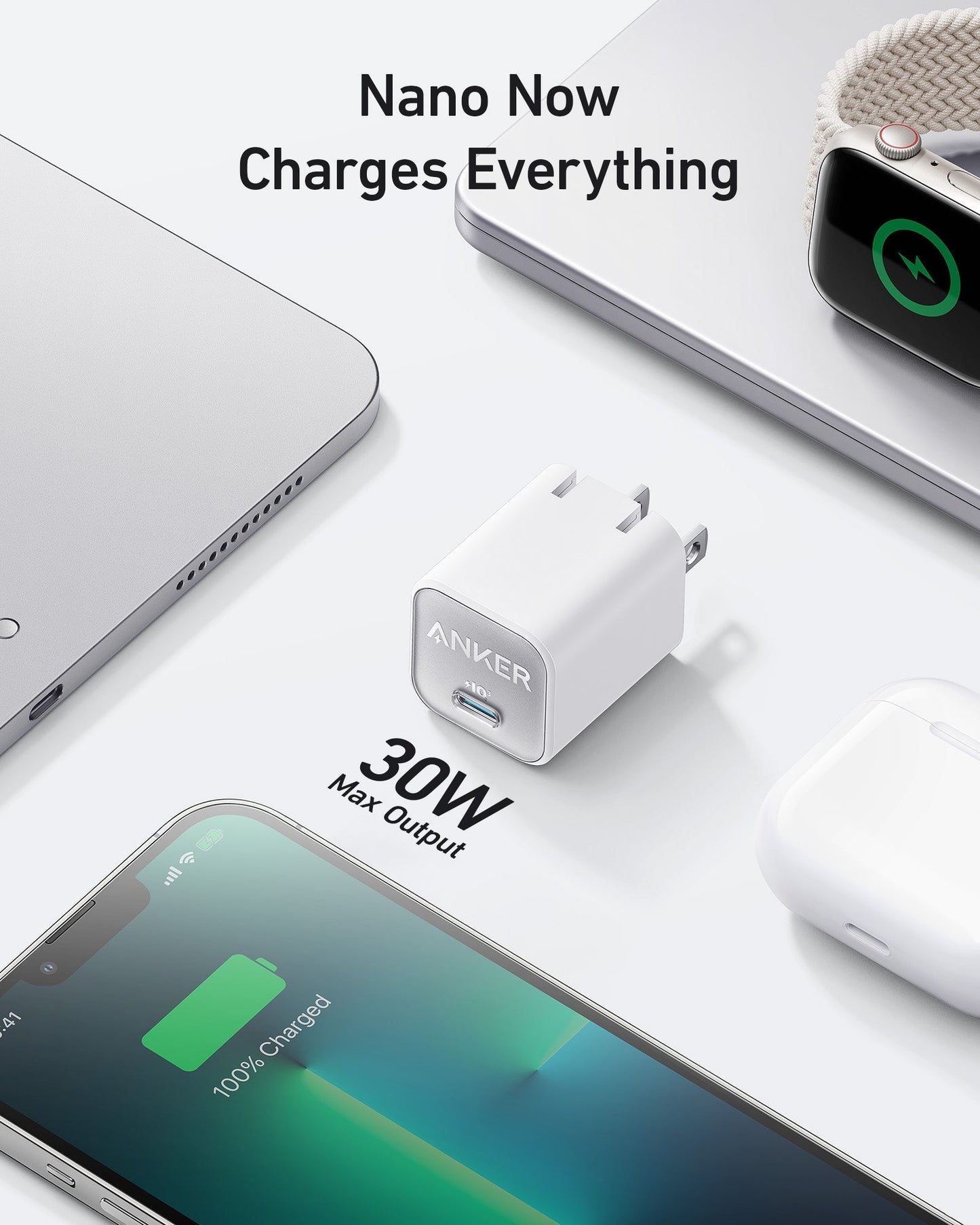 Anker Nano Charger 30W in black, compact charging device with USB-C port for fast device power delivery.