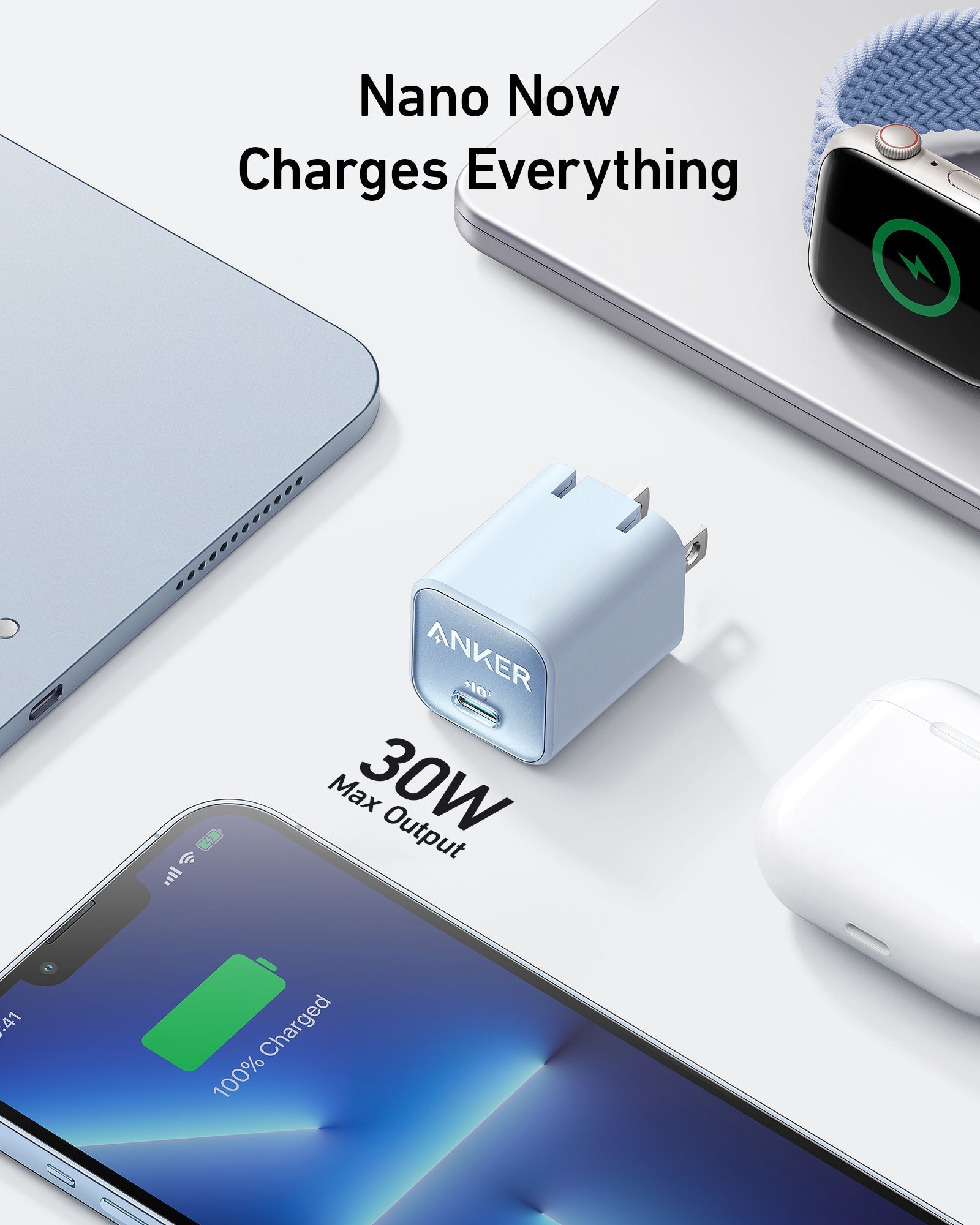 Anker Nano 30W charger in black, compact and lightweight, designed for fast charging smartphones and compatible devices.