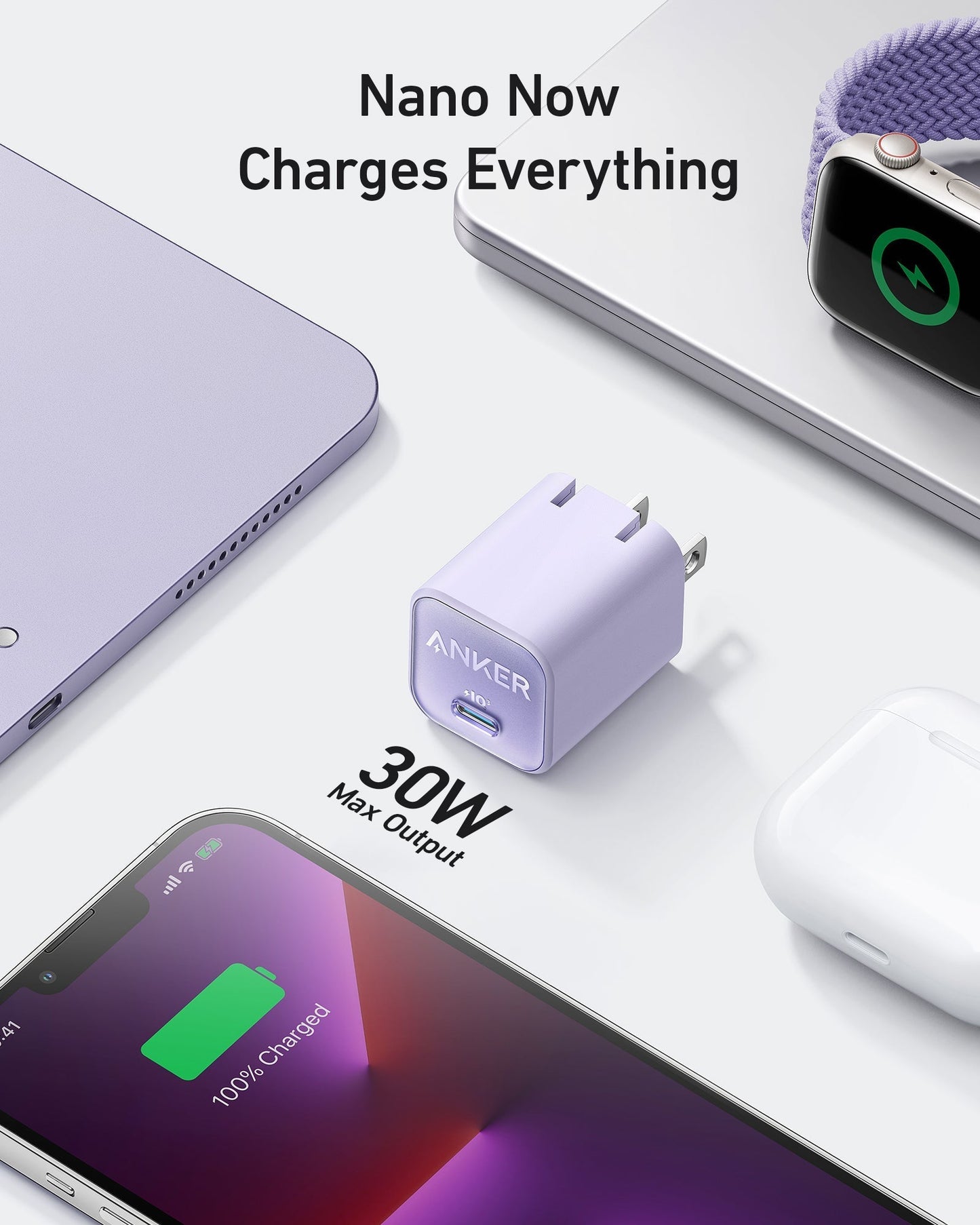 Anker Nano 30W charger in phantom black, compact charging device with USB-C port for fast device powering.