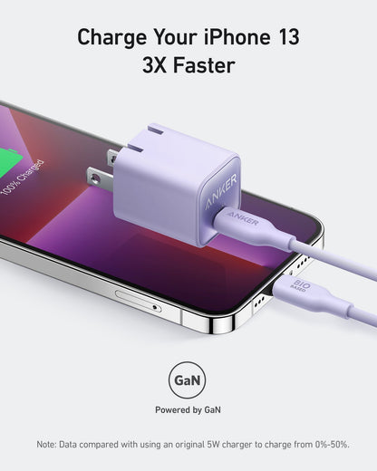 Anker Nano Charger 30W in black, compact USB-C fast charger for smartphones and devices.
