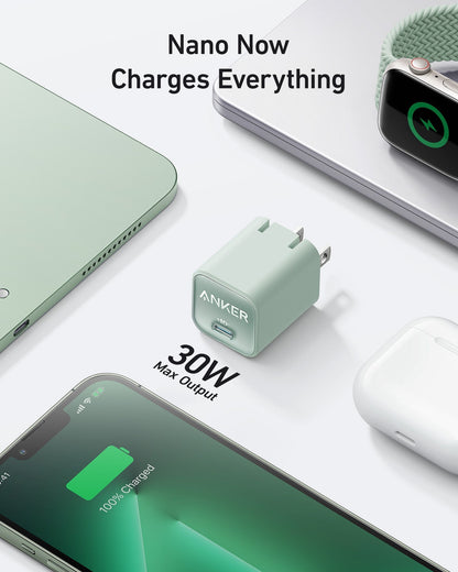 Anker Nano 30W charger in black, compact charging device with USB-C port for fast device charging.