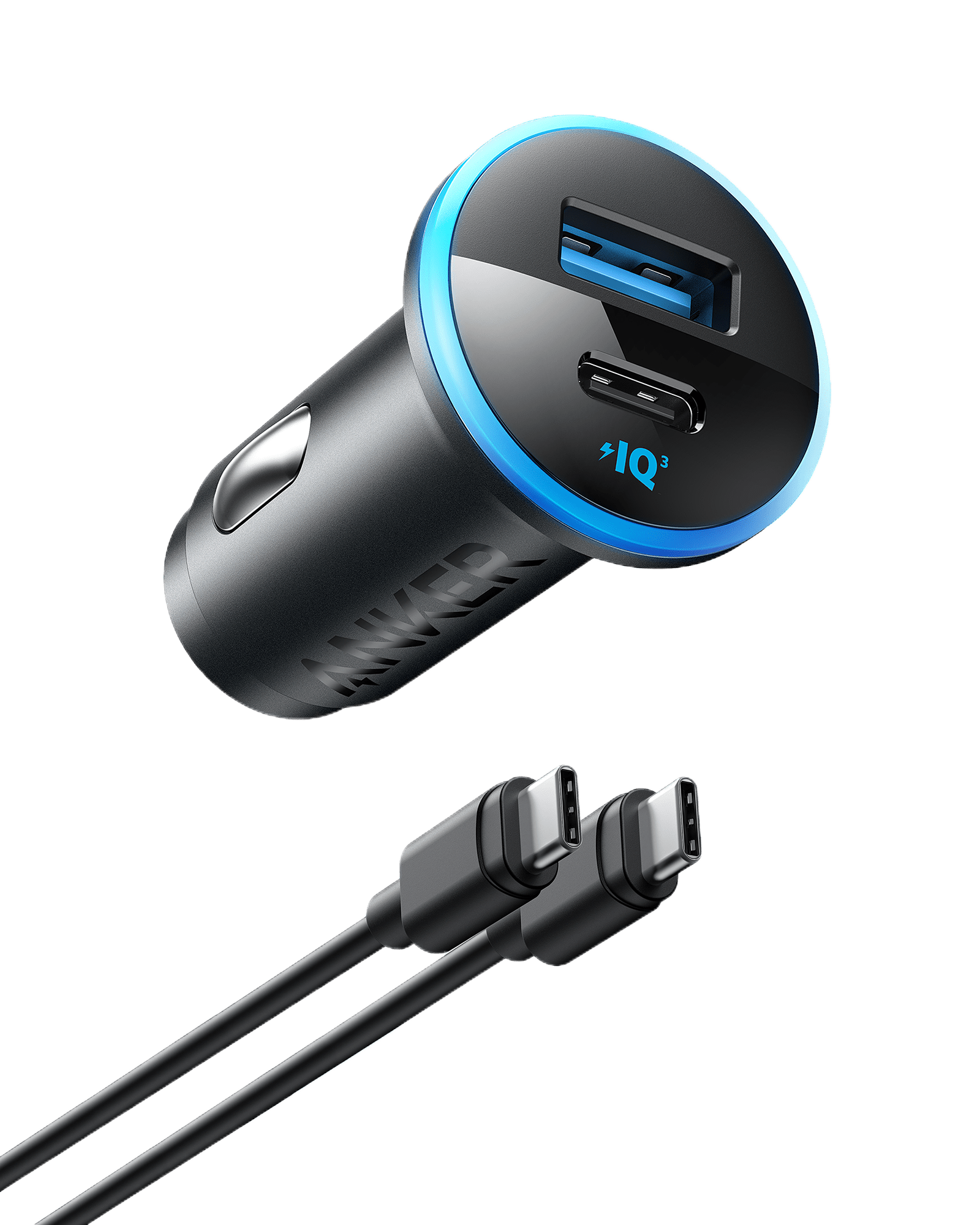 Anker 323 Car Charger with 52.5W power output, black compact design with USB ports for fast vehicle charging.