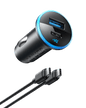 Anker 323 Car Charger with 52.5W power output, black compact design with USB ports for fast vehicle charging.