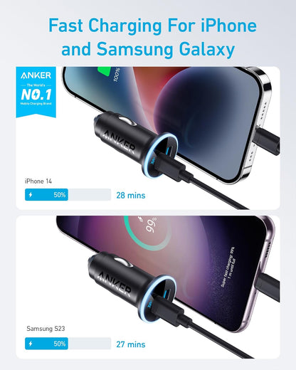 Anker 323 Car Charger with 52.5W power output, compact design and multiple USB ports for fast device charging.