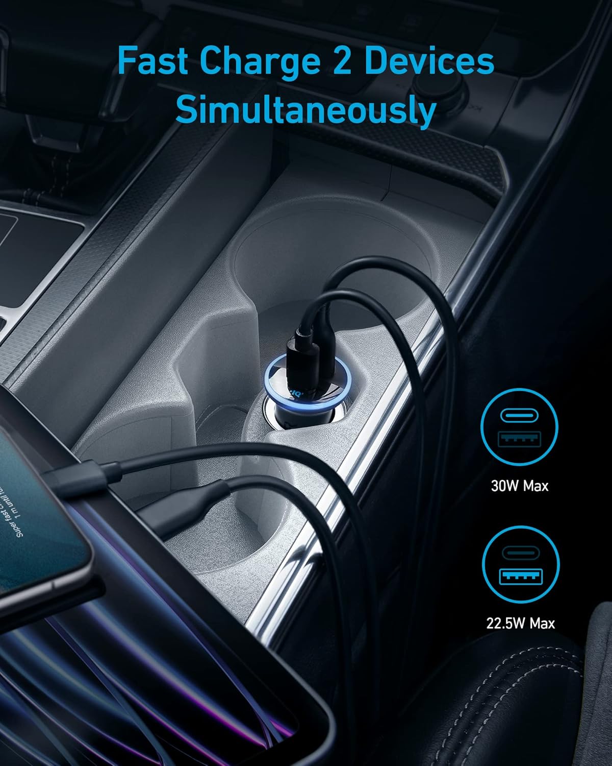Anker 323 Car Charger with 52.5W power, compact design, and multiple USB ports for quick device charging in vehicles.