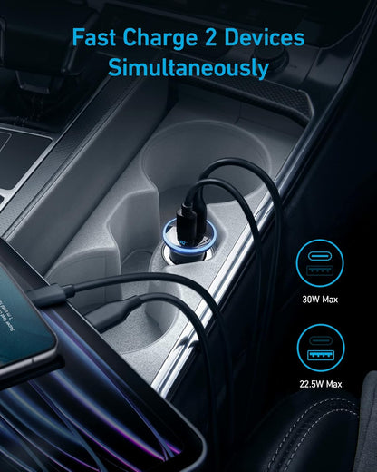 Anker 323 Car Charger with 52.5W power, compact design, and multiple USB ports for quick device charging in vehicles.