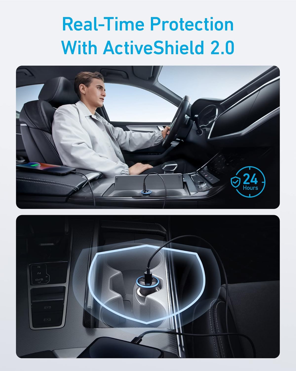 Anker 323 Car Charger with 52.5W power output, compact design, and dual USB ports for fast device charging.