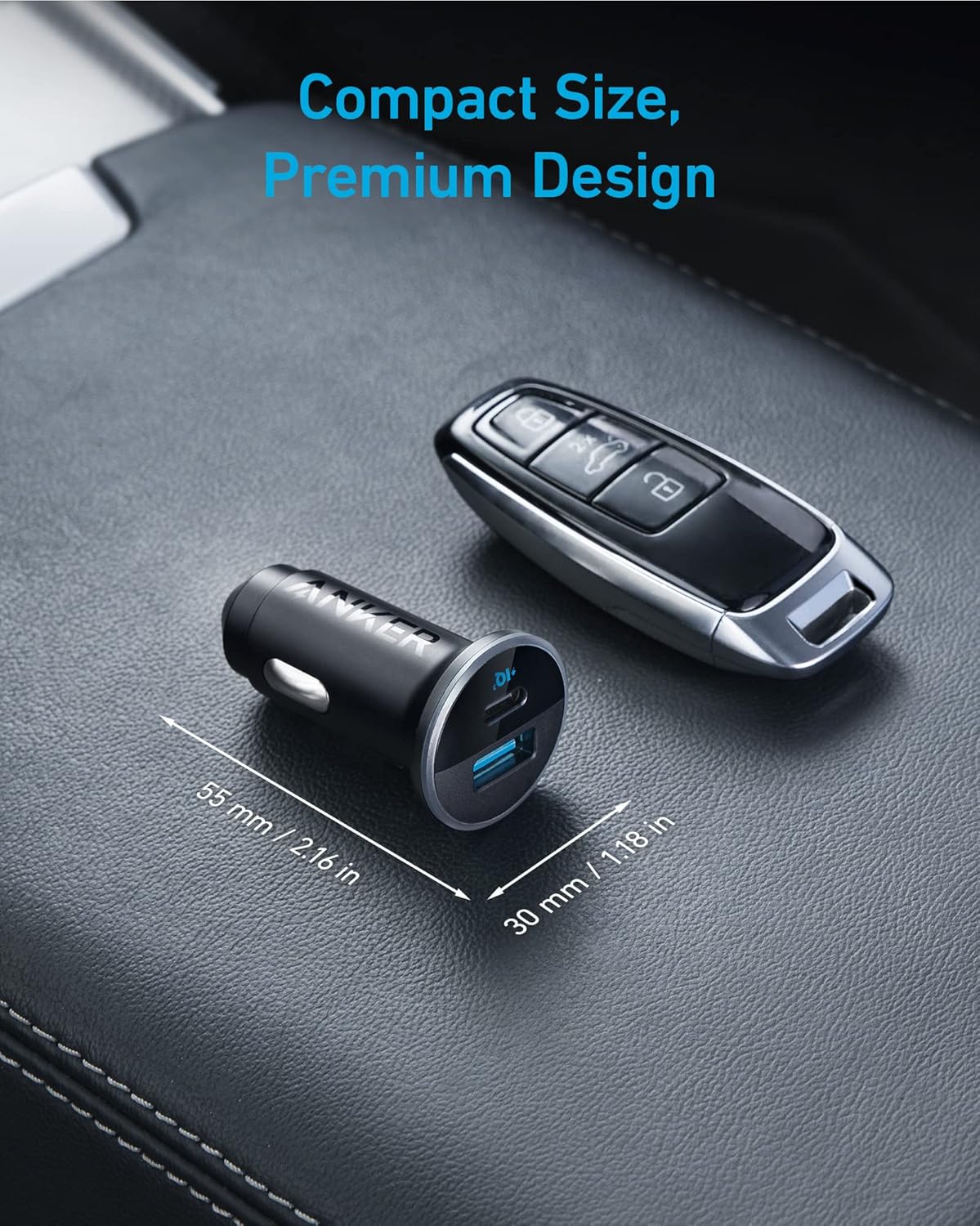 Anker 323 Car Charger with 52.5W power, featuring dual USB ports for fast device charging in a vehicle.