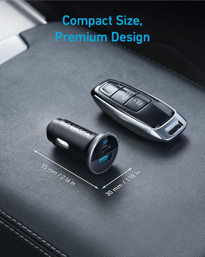 Anker 323 Car Charger with 52.5W power, featuring dual USB ports for fast device charging in a vehicle.