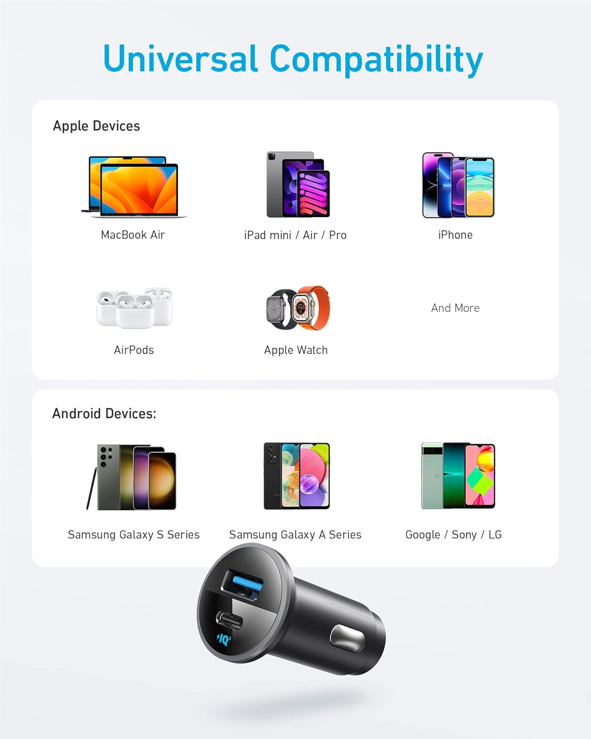 Anker 323 Car Charger with 52.5W power output, compact design, and dual USB ports for fast device charging in vehicles