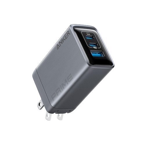 Anker Prime Charger 100W with three ports and GaN technology, compact wall charger for fast device charging.