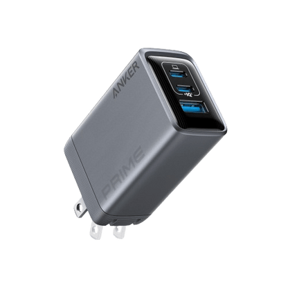 Anker Prime Charger 100W with three ports and GaN technology, compact wall charger for fast device charging.