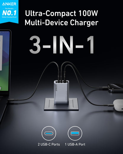 Anker Prime 100W charger with three USB-C ports, compact GaN technology, black design, and multiple charging options.