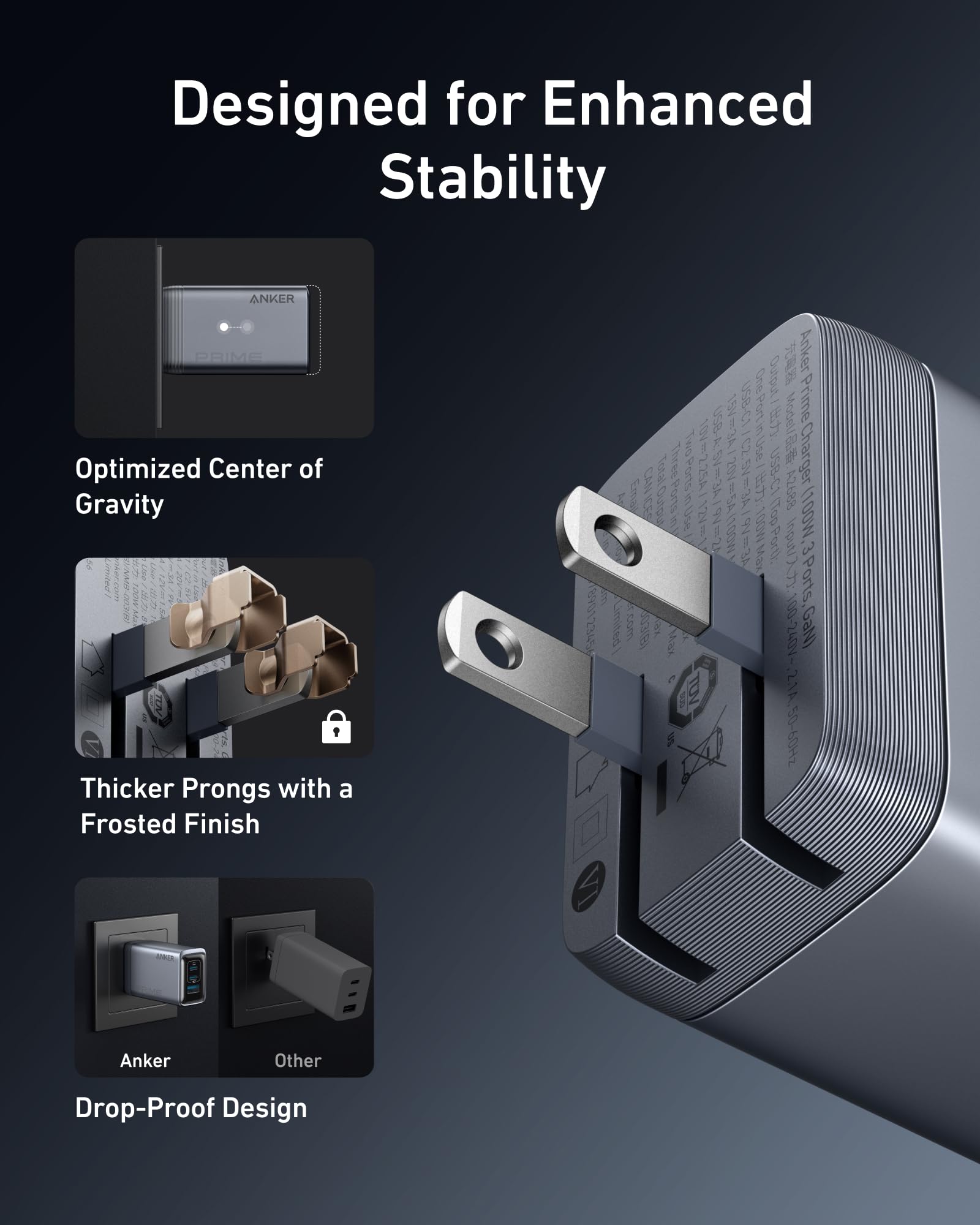 Anker Prime Charger 100W with 3 ports and GaN technology, shown with sleek black design and multiple charging ports.