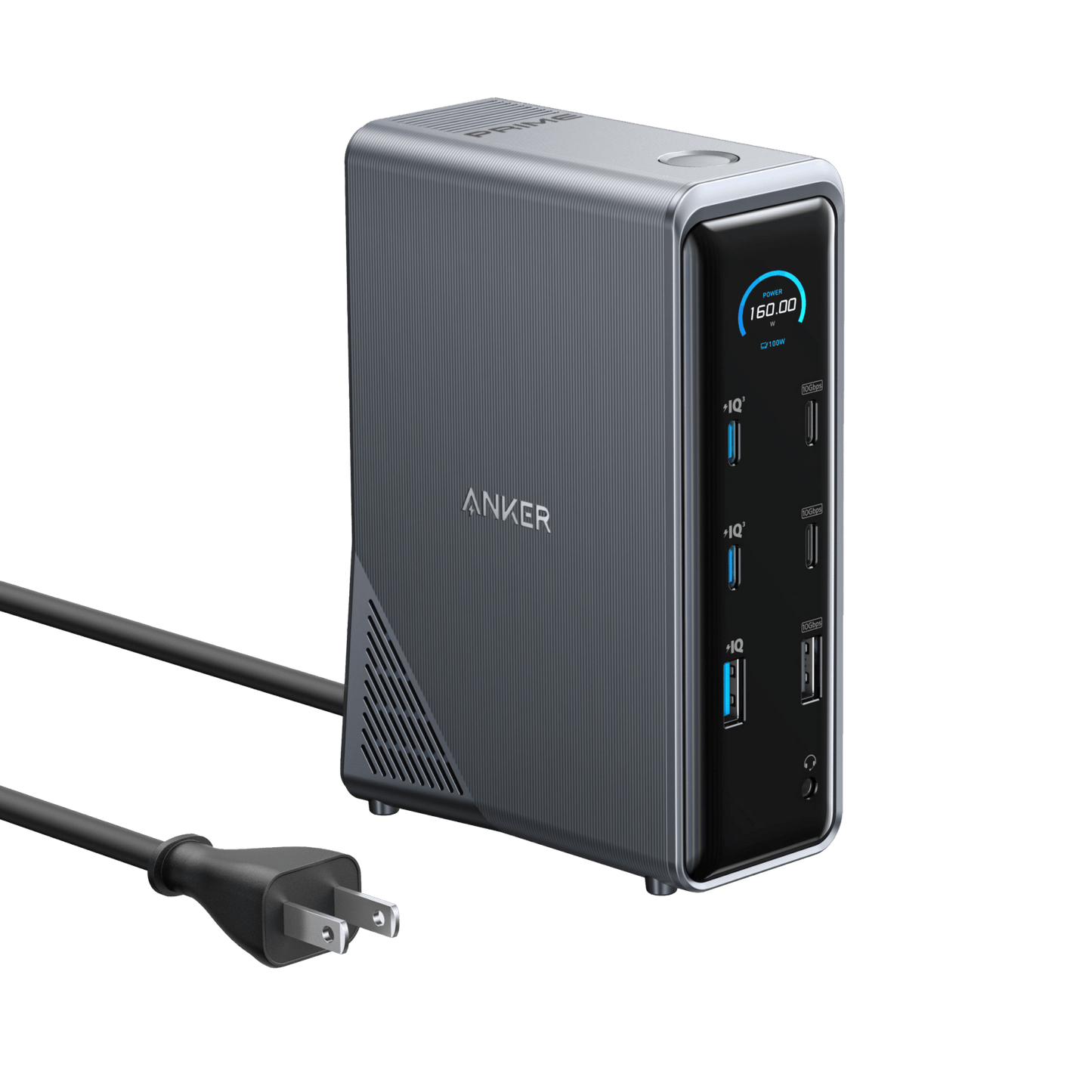 Anker Prime 14-in-1 charging docking station with dual displays and 160W power output showing multiple ports and connected devices.