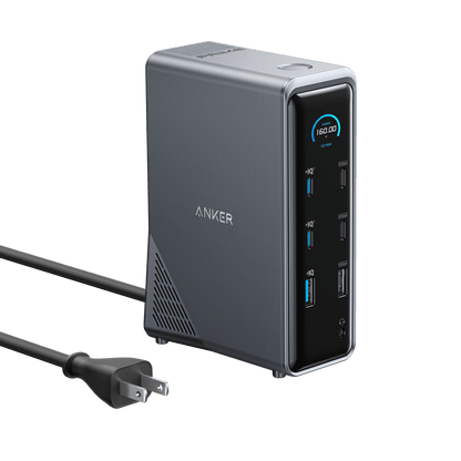 Anker Prime 14-in-1 charging docking station with dual displays and 160W power output showing multiple ports and connected devices.