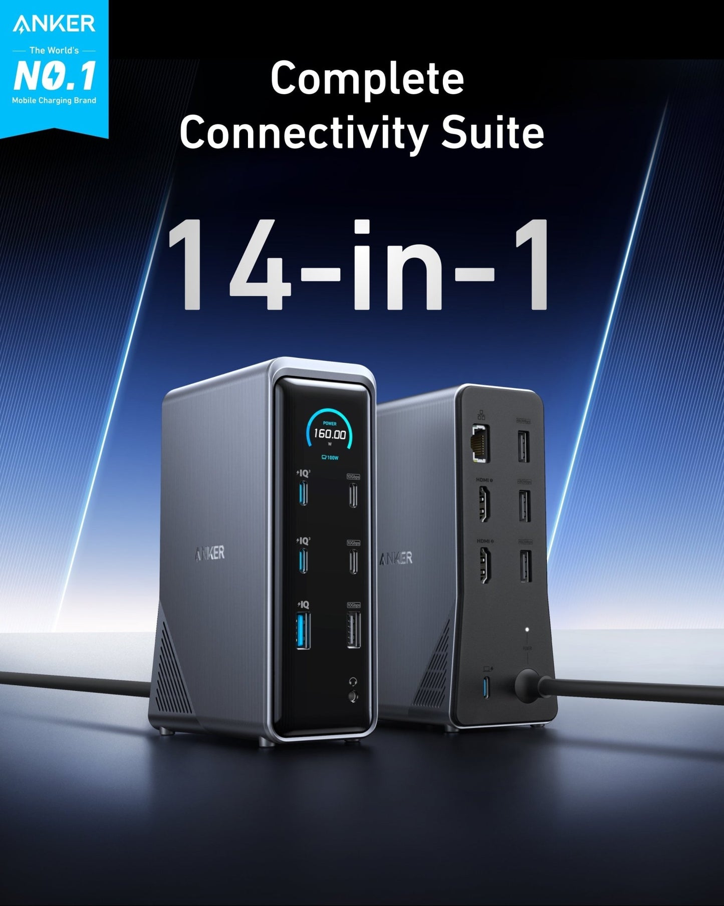 Anker Prime 14-in-1 charging docking station with dual display setup and 160W power output on a sleek workspace.