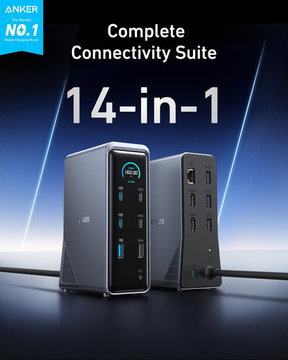 Anker Prime 14-in-1 charging docking station with dual display setup and 160W power output on a sleek workspace.